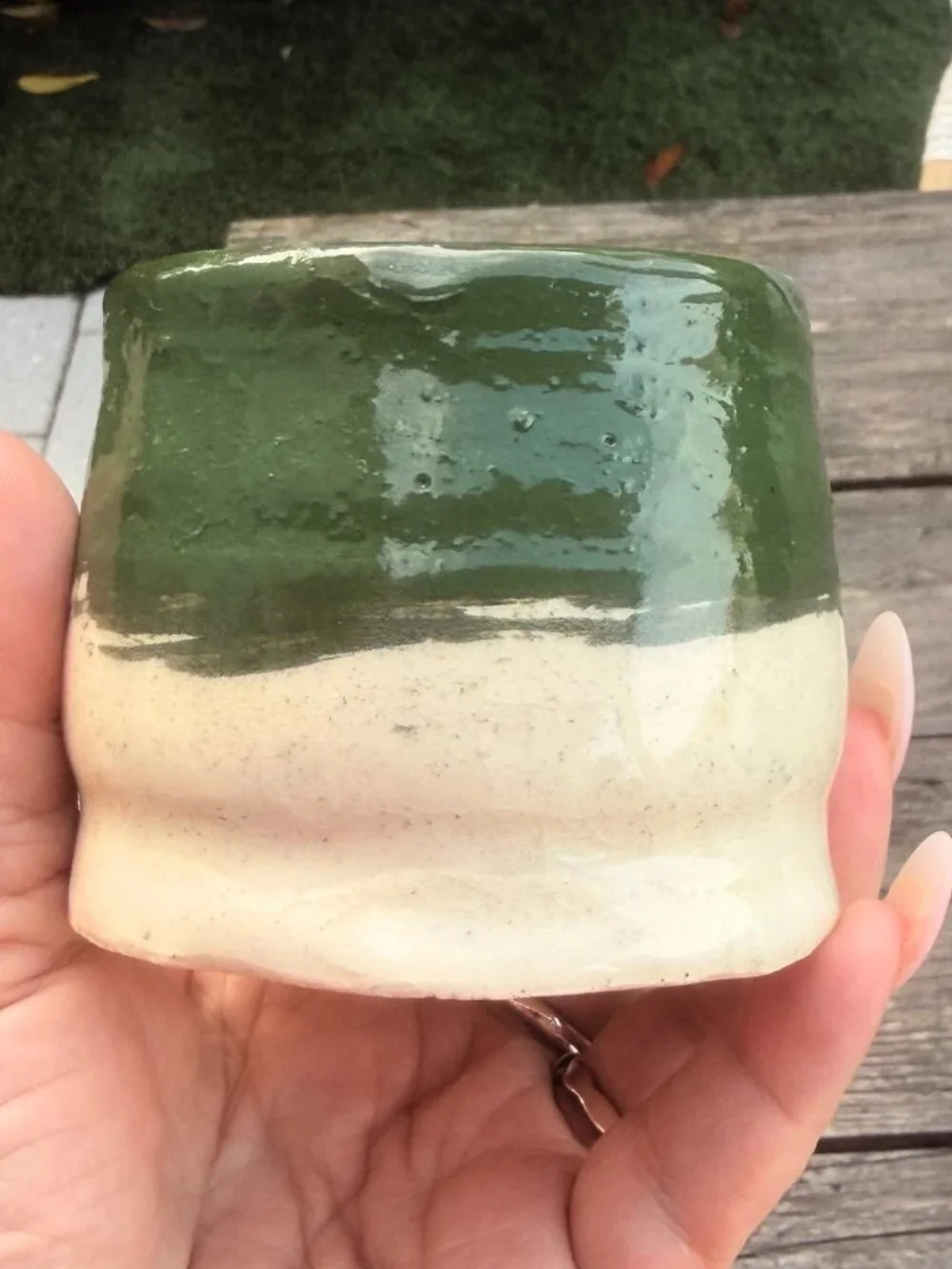 Vintage Studio Art Pottery Stoneware Tea Sake Cup Tumbler Tan Green Marked NAO